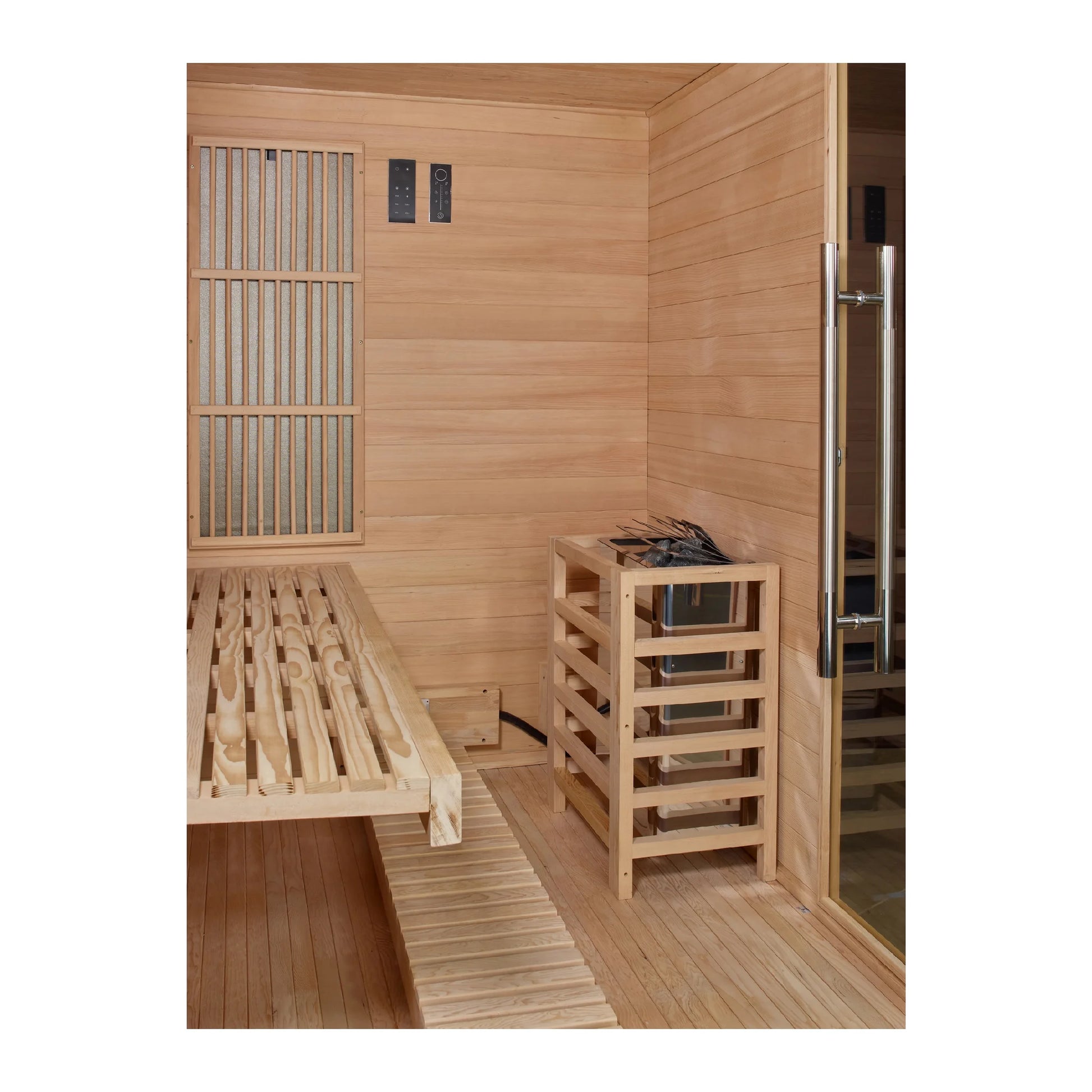 Exterior view 4 of the Golden Designs 2025 Soria 3-Person Hybrid Indoor Sauna (GDI-8330-01) – full spectrum infrared sauna