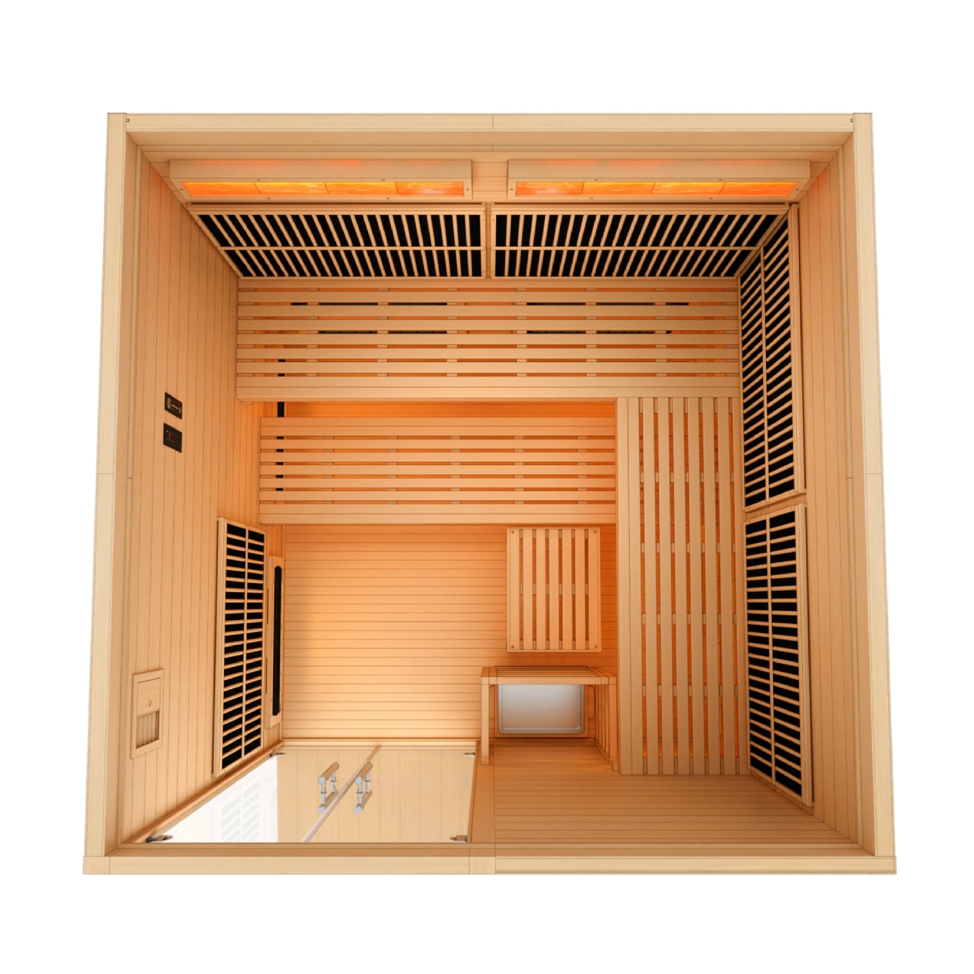 Front view of the Golden Designs 2025 Toledo 6-Person Hybrid Indoor Sauna (GDI-8360-01) – full spectrum infrared sauna
