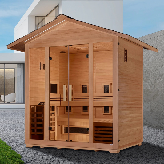 Golden Designs Gargellen 5-Person Hybrid Outdoor Sauna | Full Spectrum & Traditional | Canadian Hemlock