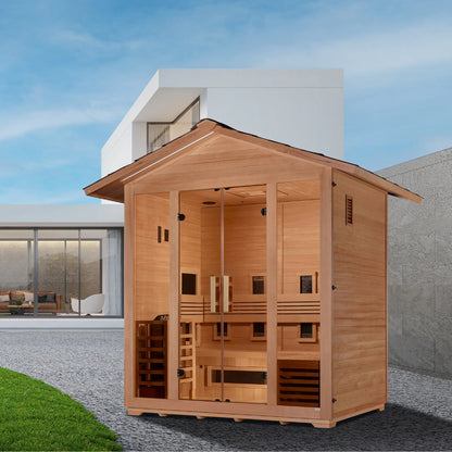 Front view on white background of the Golden Designs Gargellen 5-Person Hybrid Outdoor Sauna (GDI-8125-01) – full spectrum infrared sauna