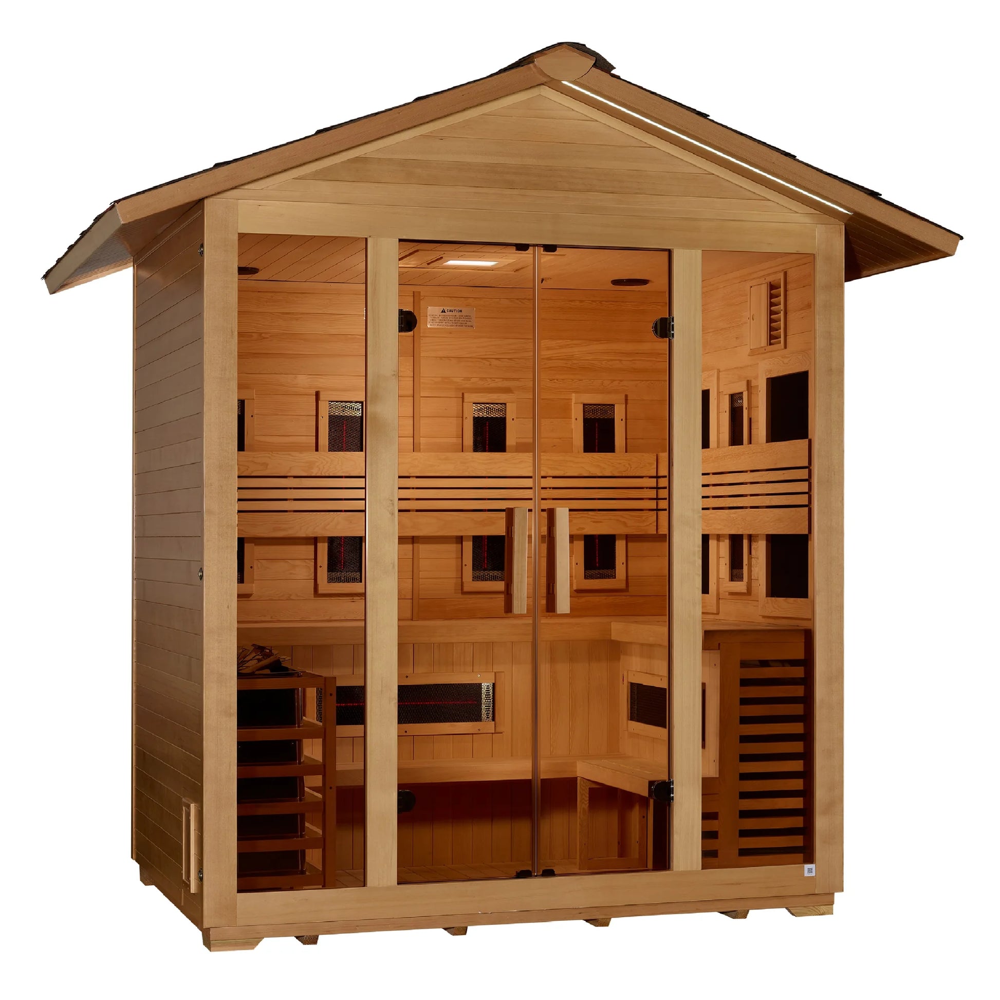 Front view 2 of the Golden Designs Gargellen 5-Person Hybrid Outdoor Sauna (GDI-8125-01) – full spectrum infrared sauna