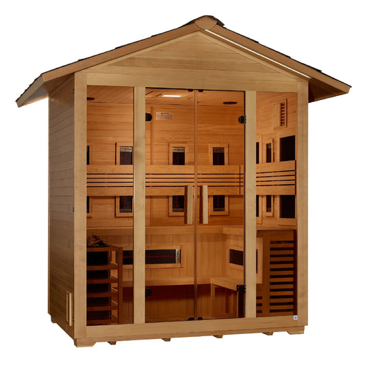 Front view 2 of the Golden Designs Gargellen 5-Person Hybrid Outdoor Sauna (GDI-8125-01) – full spectrum infrared sauna