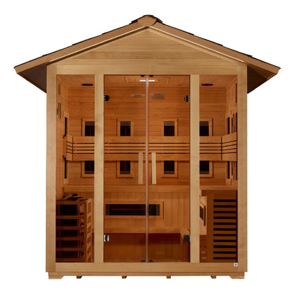 Front view of the Golden Designs Gargellen 5-Person Hybrid Outdoor Sauna (GDI-8125-01) – full spectrum infrared sauna