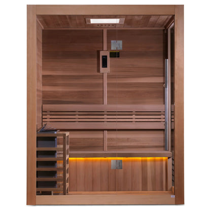 Angle view of the Golden Designs Hanko 2-Person Traditional Indoor Sauna (GDI-7202-01) – traditional steam sauna
