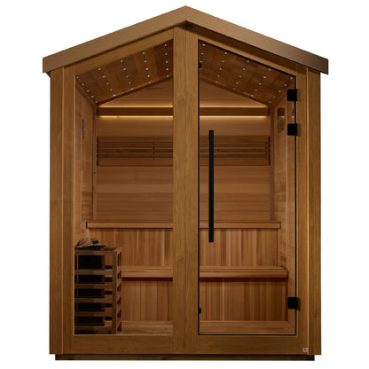 Exterior view of the Golden Designs Kaarina 6-Person Outdoor Traditional Sauna (GDI-8506-03) – traditional steam sauna