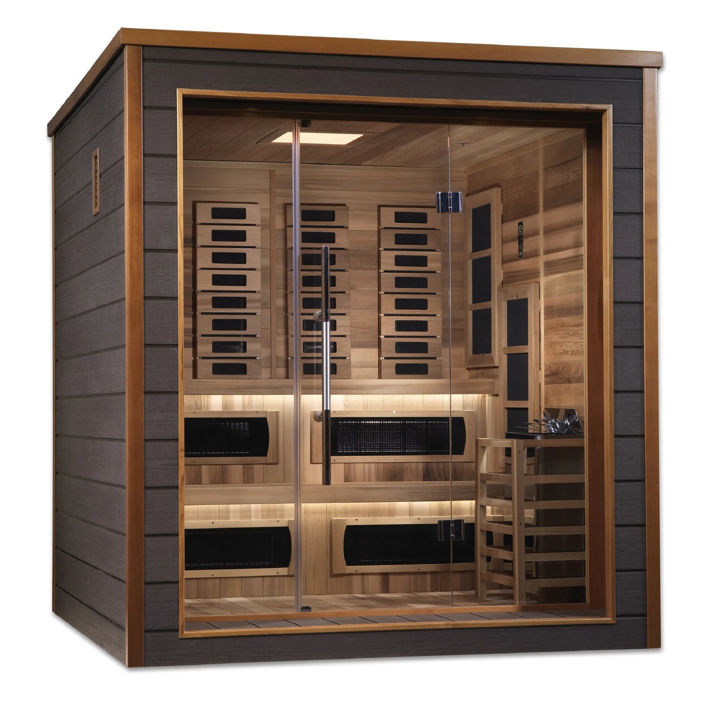 Front view 2 of the Golden Designs Karlstad 6-Person Hybrid Outdoor Sauna (GDI-8226-01) – full spectrum infrared sauna