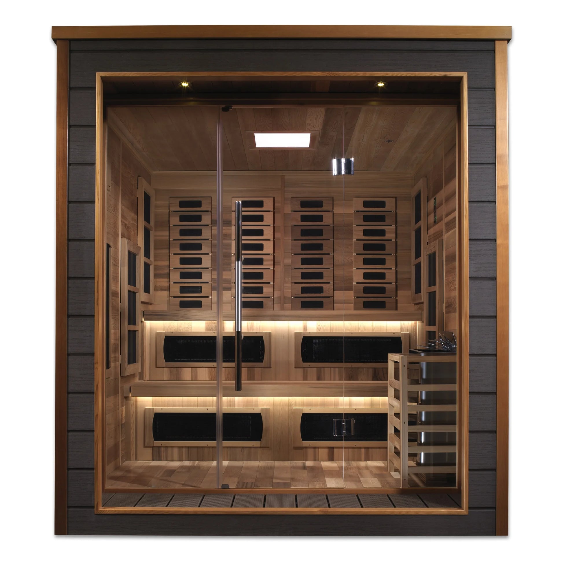 Front view of the Golden Designs Karlstad 6-Person Hybrid Outdoor Sauna (GDI-8226-01) – full spectrum infrared sauna