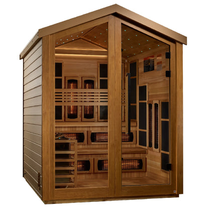 Front view 2 of the Golden Designs Kaskinen 6-Person Hybrid Outdoor Sauna (GDI-8526-01) – full spectrum infrared sauna