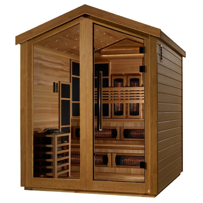 Exterior view of the Golden Designs Kaskinen 6-Person Hybrid Outdoor Sauna (GDI-8526-03) – full spectrum infrared sauna