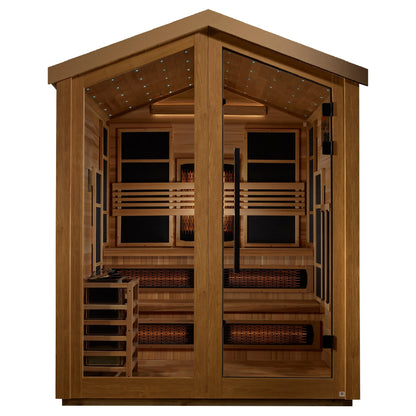 Front view of the Golden Designs Kaskinen 6-Person Hybrid Outdoor Sauna (GDI-8526-01) – full spectrum infrared sauna