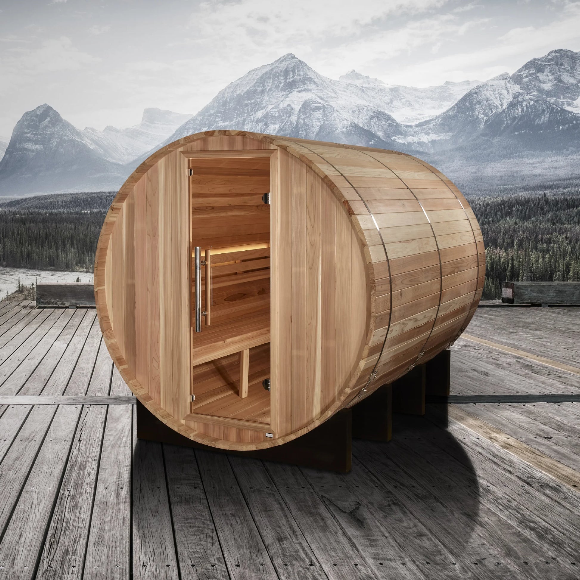 Front view on white background 2 of the Golden Designs Klosters 6-Person Outdoor Traditional Barrel Sauna (GDI-B006-01) – traditional steam sauna