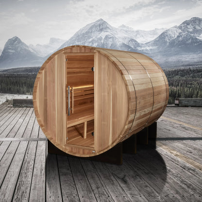 Front view on white background 2 of the Golden Designs Klosters 6-Person Outdoor Traditional Barrel Sauna (GDI-B006-01) – traditional steam sauna