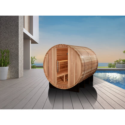Front view on white background 3 of the Golden Designs Klosters 6-Person Outdoor Traditional Barrel Sauna (GDI-B006-01) – traditional steam sauna