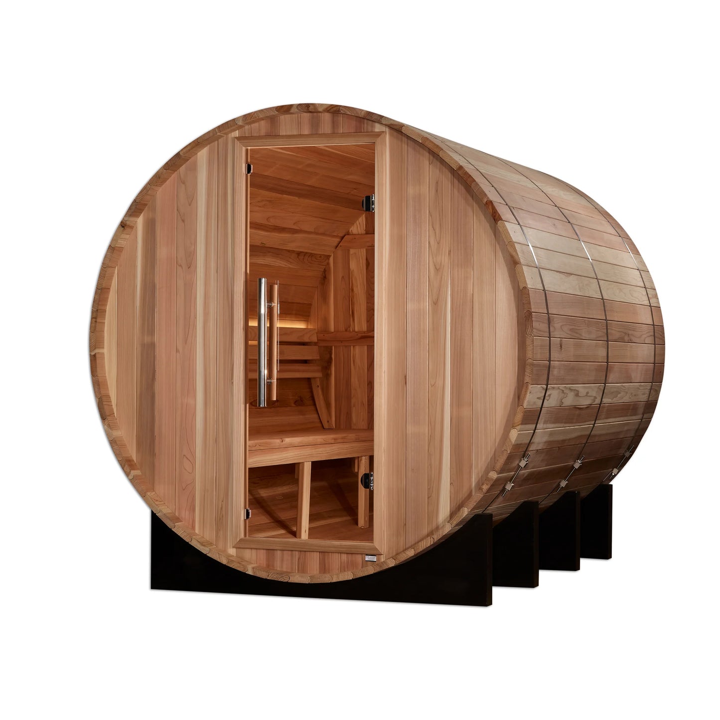 Front view 3 of the Golden Designs Klosters 6-Person Outdoor Traditional Barrel Sauna (GDI-B006-01) – traditional steam sauna