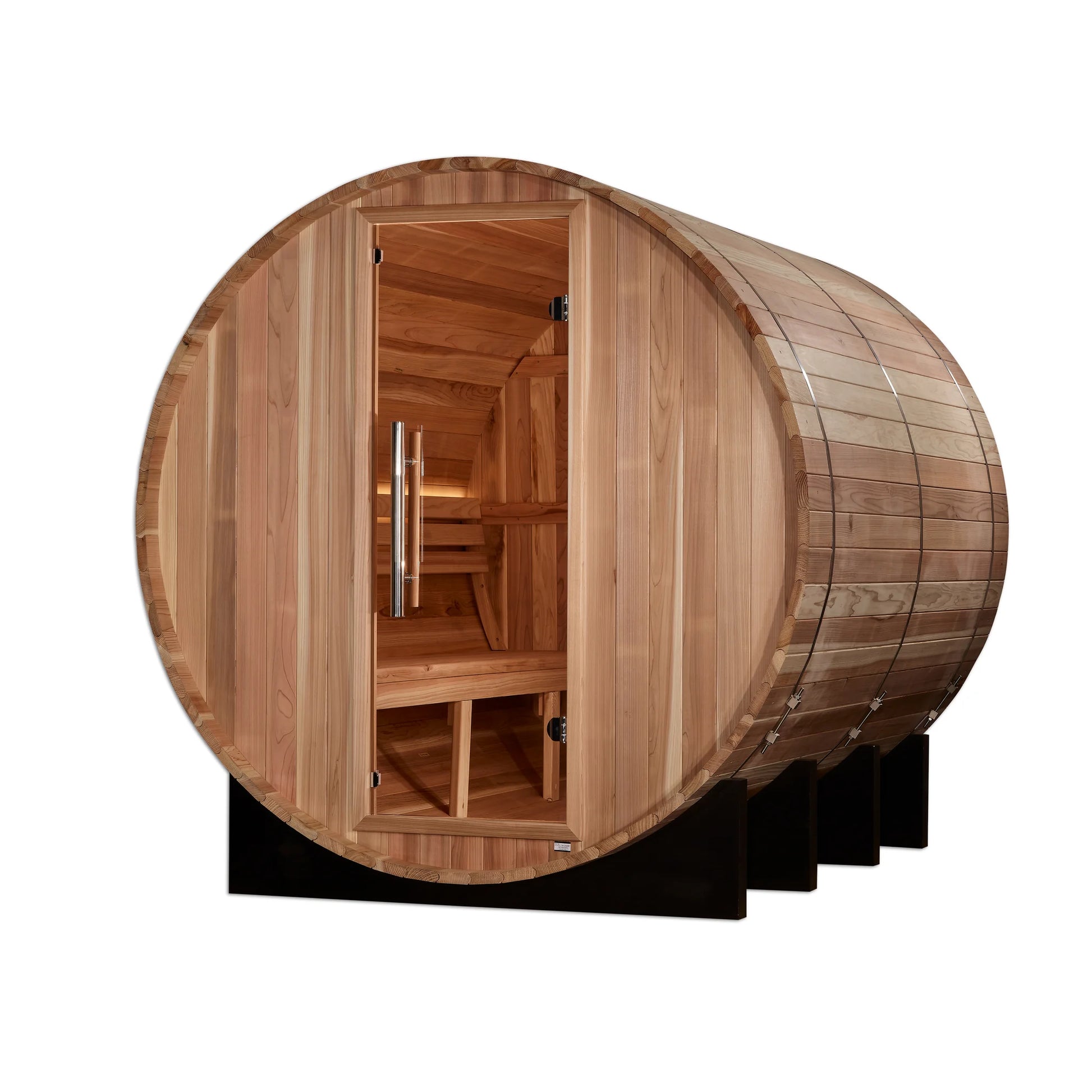 Front view 3 of the Golden Designs Klosters 6-Person Outdoor Traditional Barrel Sauna (GDI-B006-01) – traditional steam sauna