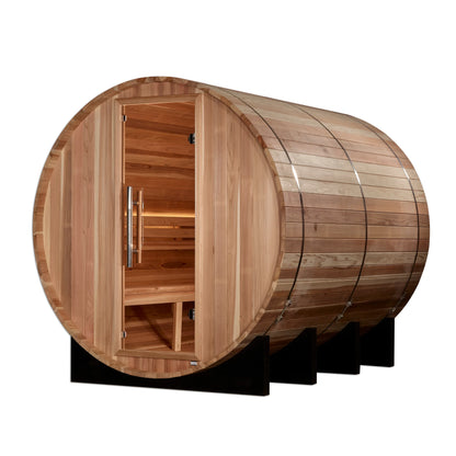Front view 2 of the Golden Designs Klosters 6-Person Outdoor Traditional Barrel Sauna (GDI-B006-01) – traditional steam sauna