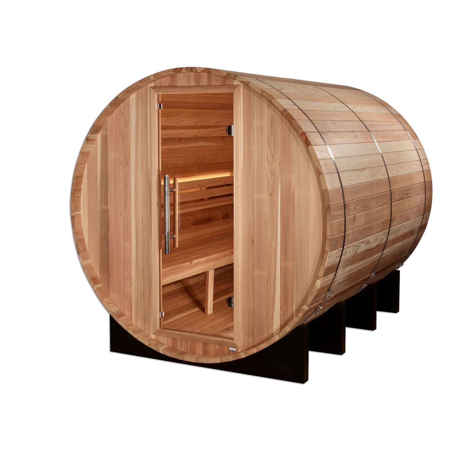 Front view of the Golden Designs Klosters 6-Person Outdoor Traditional Barrel Sauna (GDI-B006-01) – traditional steam sauna