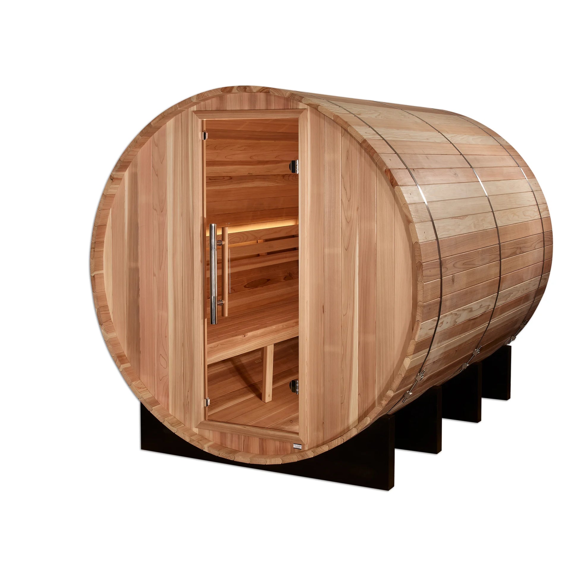 Front view of the Golden Designs Klosters 6-Person Outdoor Traditional Barrel Sauna (GDI-B006-01) – traditional steam sauna