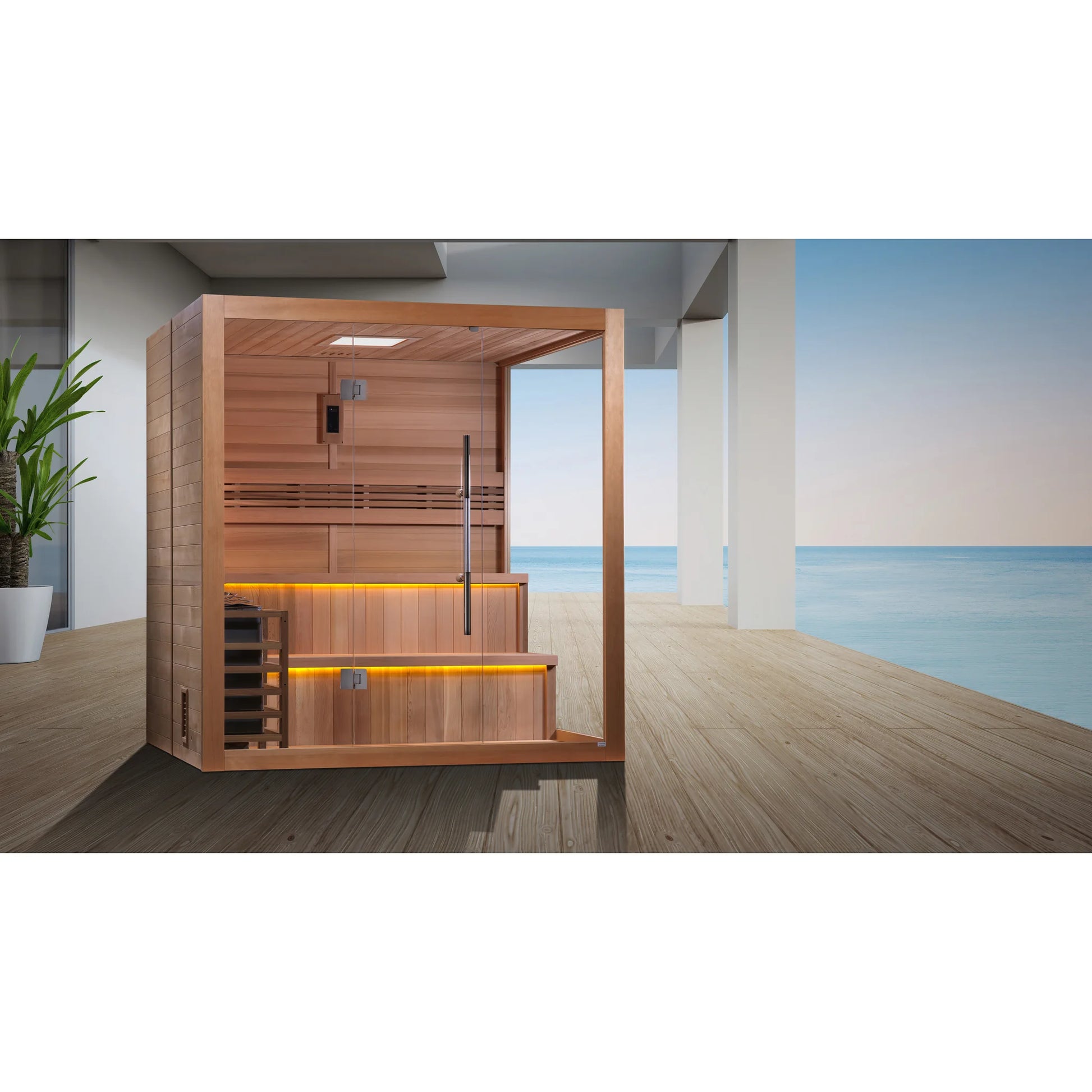 Front view on white background of the Golden Designs Kuusamo 6-Person Traditional Indoor Sauna (GDI-7206-01) – traditional steam sauna