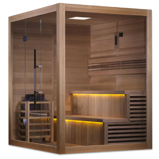 Front view 2 of the Golden Designs Kuusamo 6-Person Traditional Indoor Sauna (GDI-7206-01) – traditional steam sauna