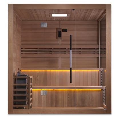 Front view of the Golden Designs Kuusamo 6-Person Traditional Indoor Sauna (GDI-7206-01) – traditional steam sauna
