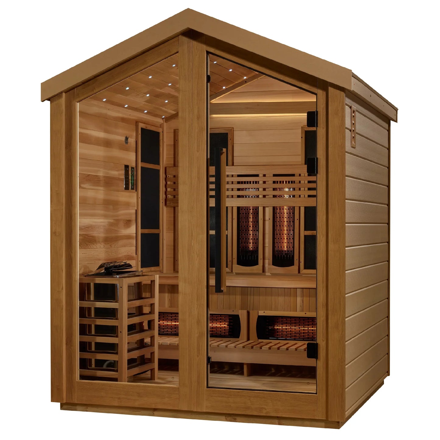Exterior view of the Golden Designs Loviisa 3-Person Hybrid Outdoor Sauna (GDI-8523-04) – full spectrum infrared sauna