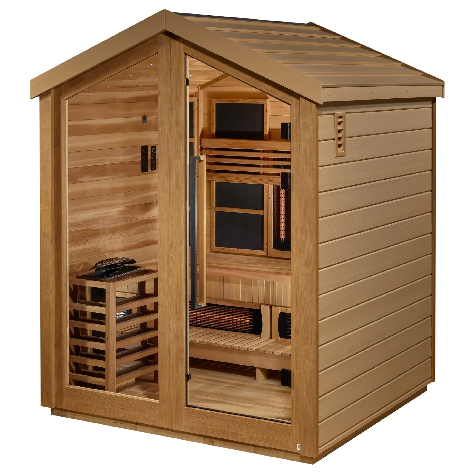 Exterior view of the Golden Designs Loviisa 3-Person Hybrid Outdoor Sauna (GDI-8523-04) – full spectrum infrared sauna