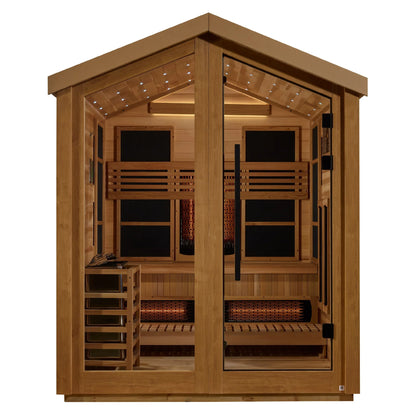 Exterior view of the Golden Designs Loviisa 3-Person Hybrid Outdoor Sauna (GDI-8523-04) – full spectrum infrared sauna