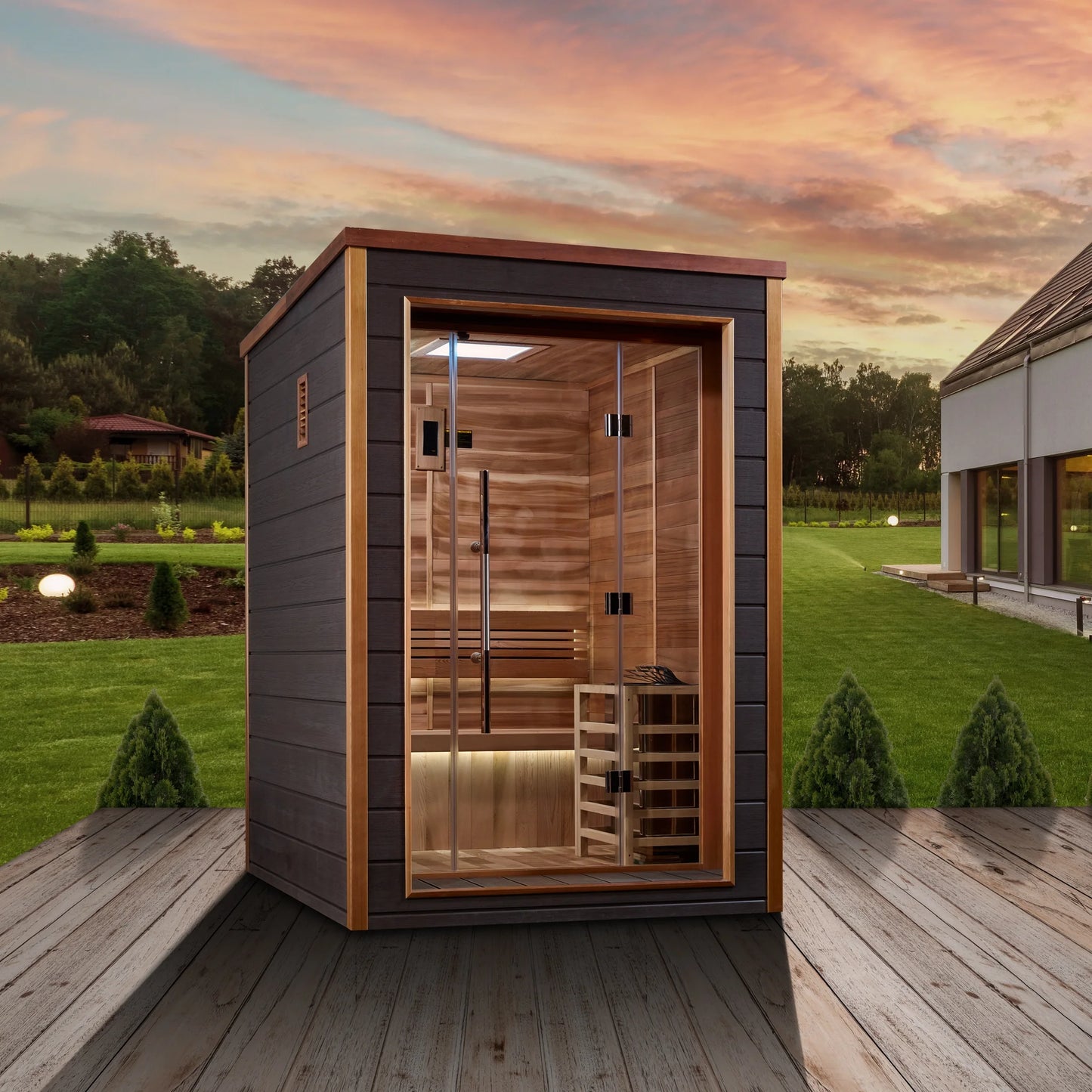 Front view of the Golden Designs Narvik 2-Person Traditional Outdoor Sauna (GDI-8202-01) – traditional steam sauna