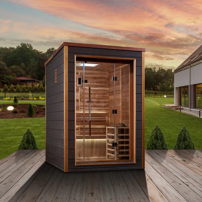 Front view of the Golden Designs Narvik 2-Person Traditional Outdoor Sauna (GDI-8202-01) – traditional steam sauna