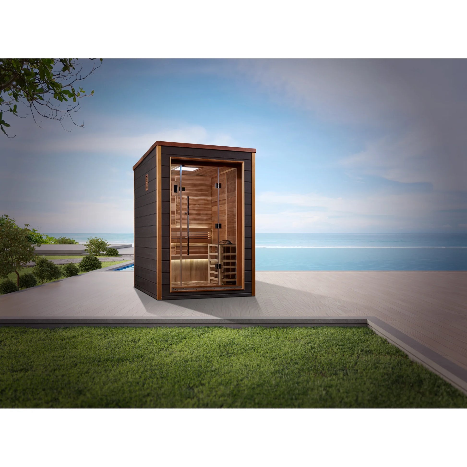 Front view of the Golden Designs Narvik 2-Person Traditional Outdoor Sauna (GDI-8202-01) – traditional steam sauna