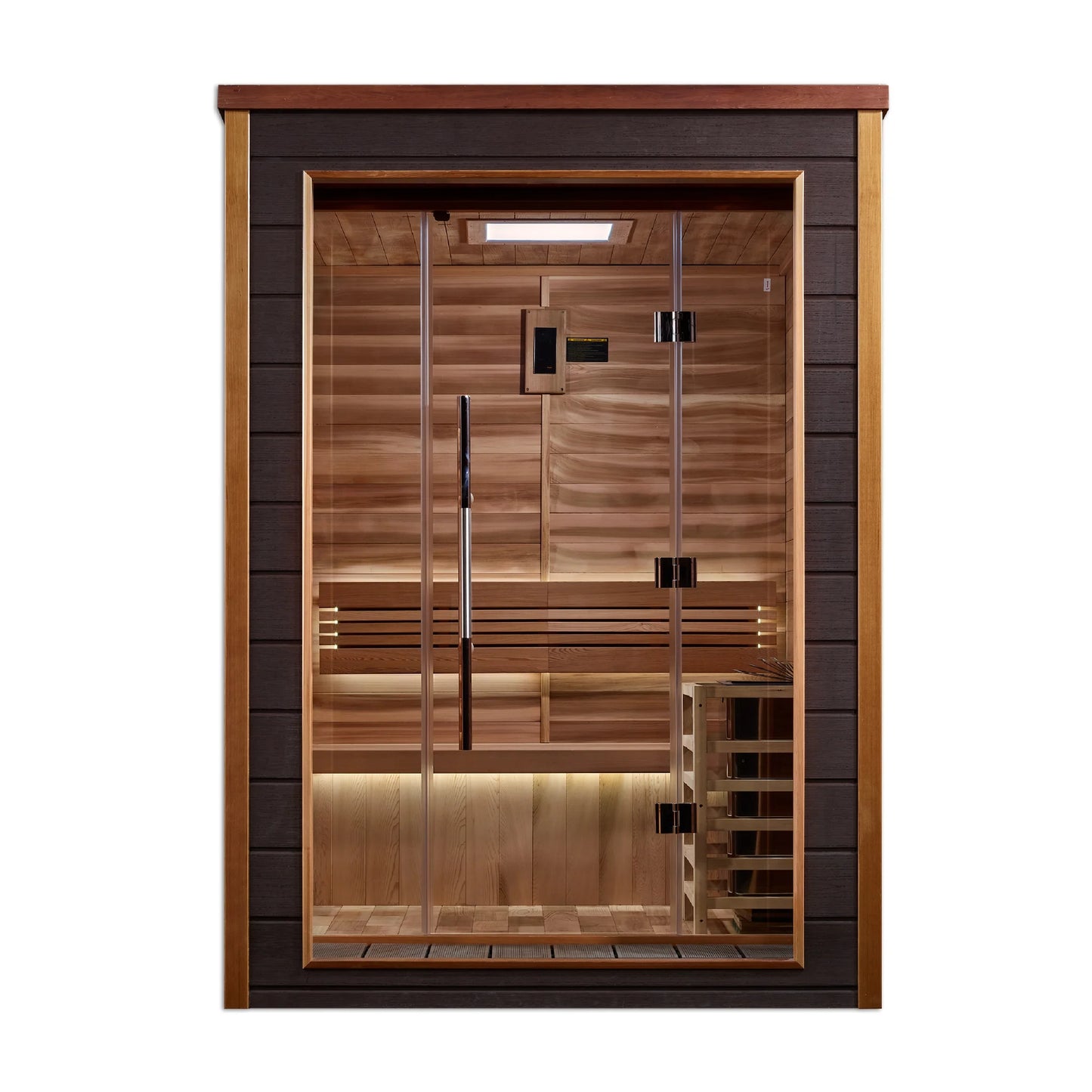 Front view 2 of the Golden Designs Narvik 2-Person Traditional Outdoor Sauna (GDI-8202-01) – traditional steam sauna
