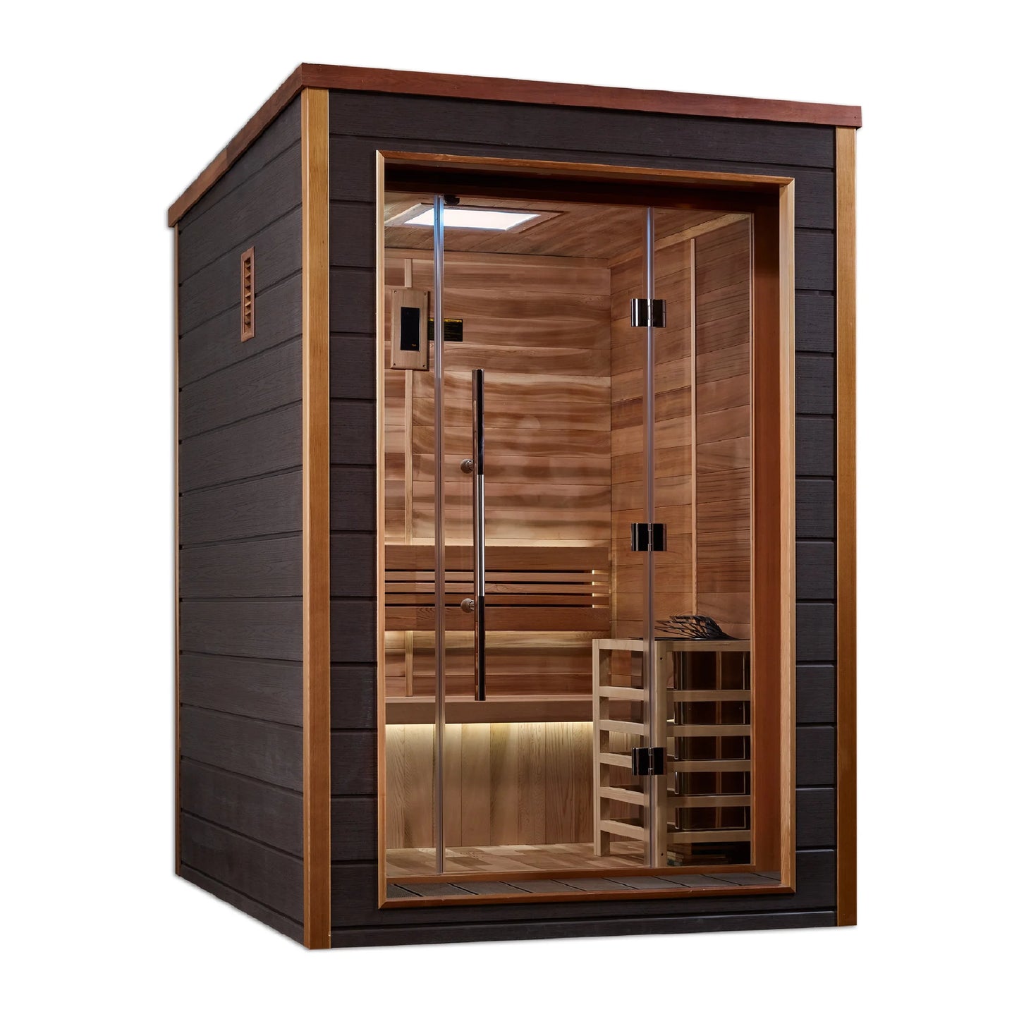 Front view of the Golden Designs Narvik 2-Person Traditional Outdoor Sauna (GDI-8202-01) – traditional steam sauna