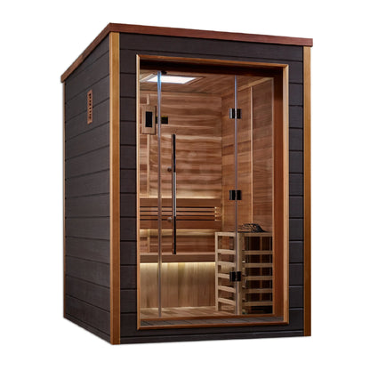 Front view of the Golden Designs Narvik 2-Person Traditional Outdoor Sauna (GDI-8202-01) – traditional steam sauna