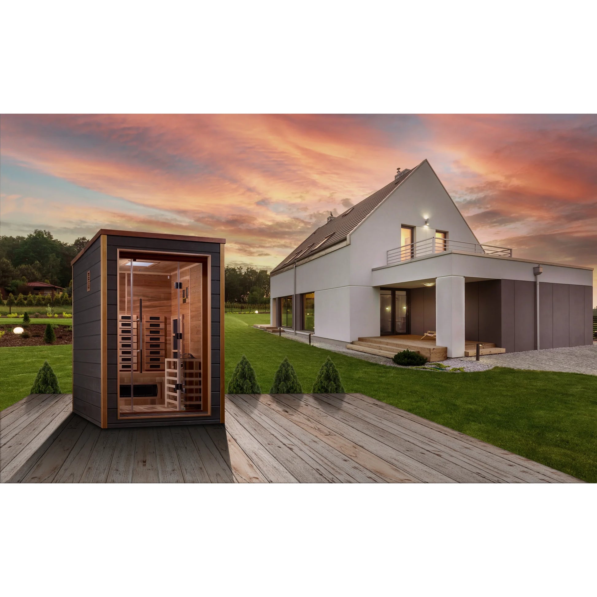 Front view 2 of the Golden Designs Nora 2-Person Hybrid Outdoor Sauna (GDI-8222-01) – full spectrum infrared sauna