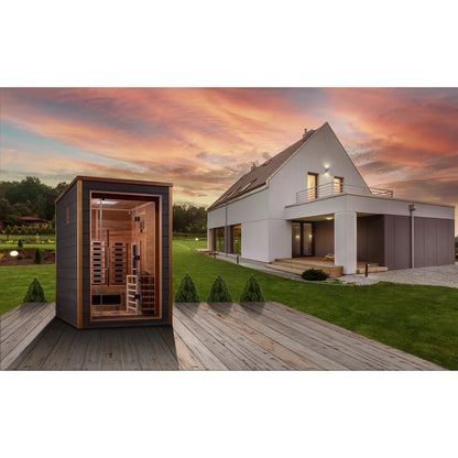 Front view 2 of the Golden Designs Nora 2-Person Hybrid Outdoor Sauna (GDI-8222-01) – full spectrum infrared sauna