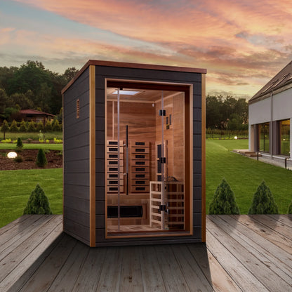 Front view of the Golden Designs Nora 2-Person Hybrid Outdoor Sauna (GDI-8222-01) – full spectrum infrared sauna
