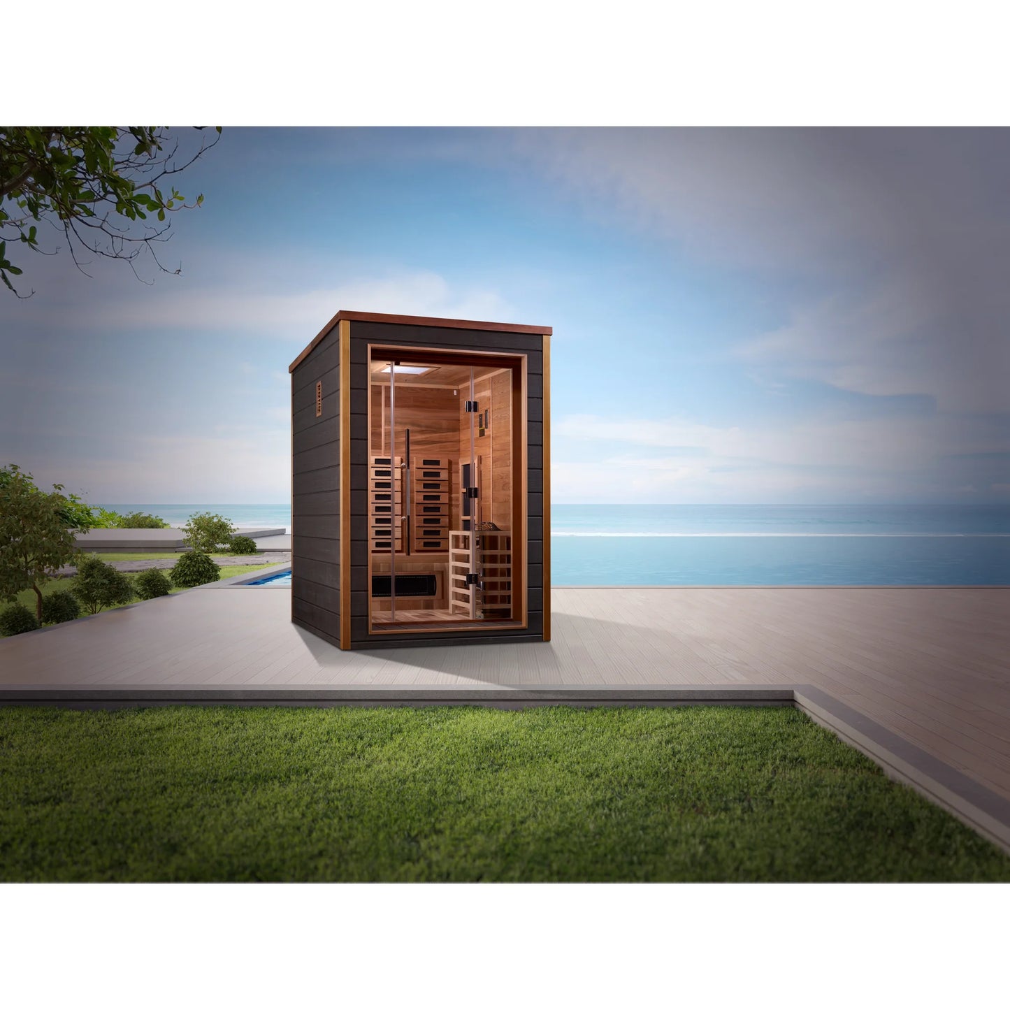 Front view of the Golden Designs Nora 2-Person Hybrid Outdoor Sauna (GDI-8222-01) – full spectrum infrared sauna