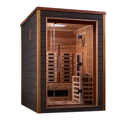 Front view 2 of the Golden Designs Nora 2-Person Hybrid Outdoor Sauna (GDI-8222-01) – full spectrum infrared sauna