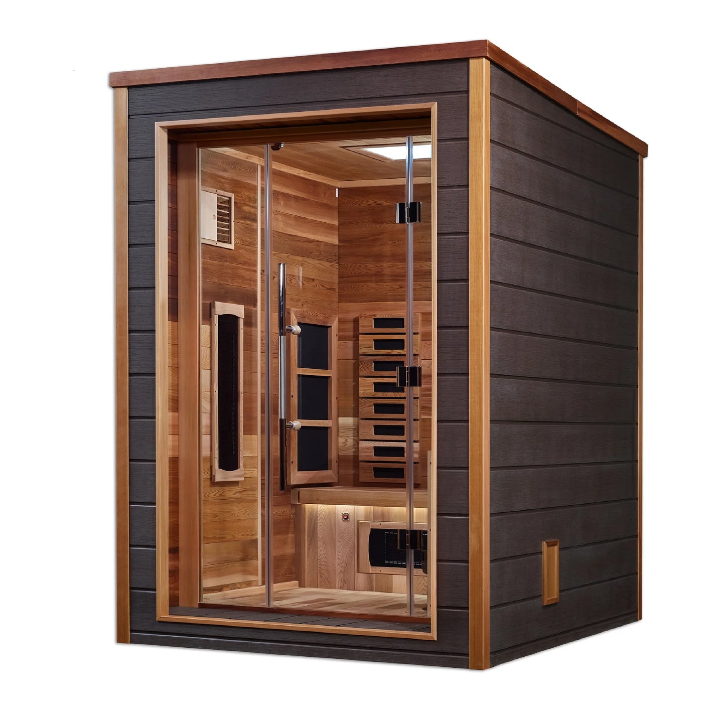 Front view 3 of the Golden Designs Nora 2-Person Hybrid Outdoor Sauna (GDI-8222-01) – full spectrum infrared sauna