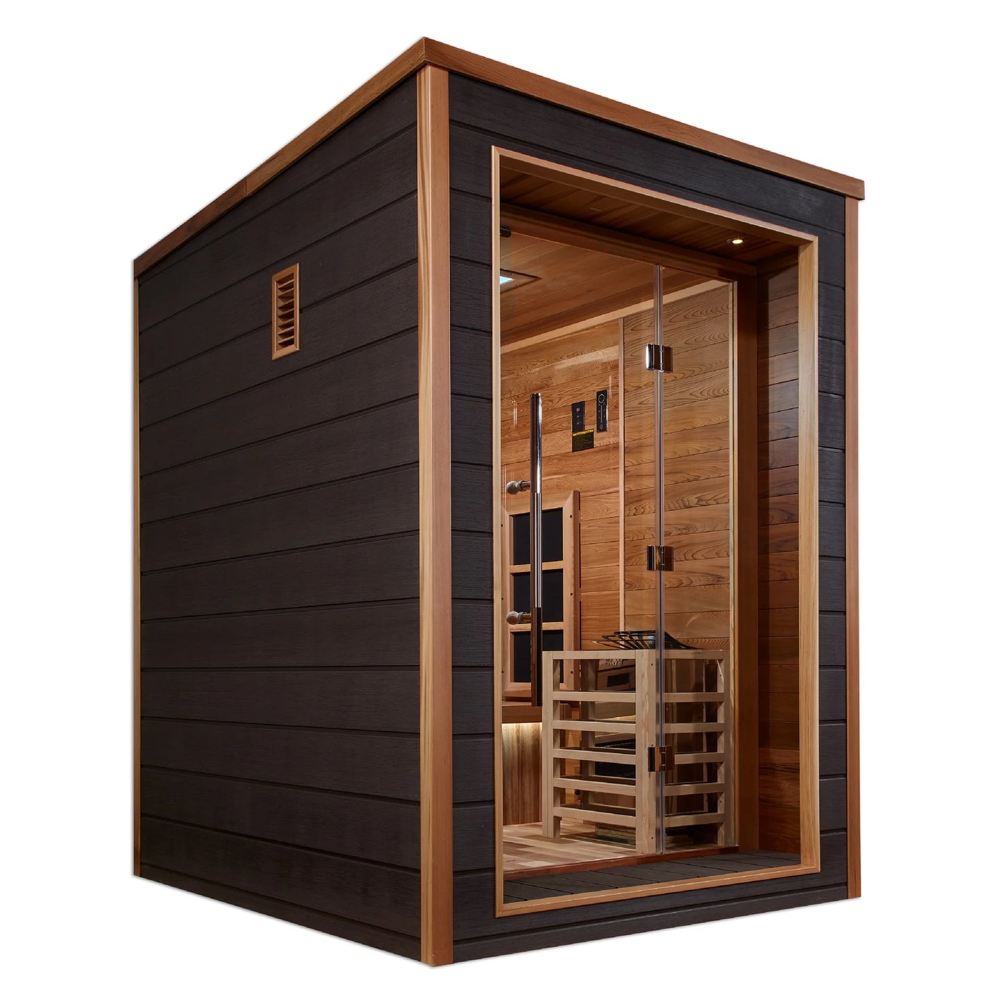 Front view 4 of the Golden Designs Nora 2-Person Hybrid Outdoor Sauna (GDI-8222-01) – full spectrum infrared sauna