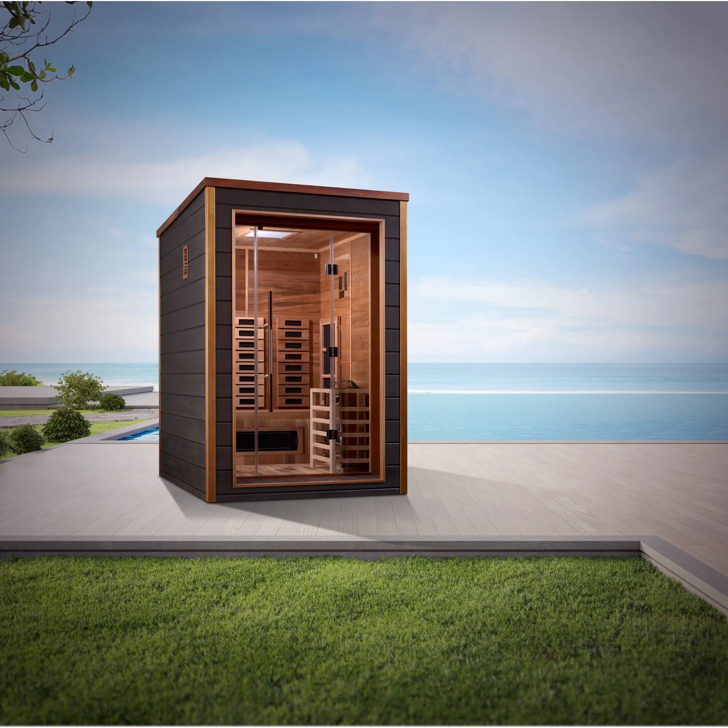 Front view 5 of the Golden Designs Nora 2-Person Hybrid Outdoor Sauna (GDI-8222-01) – full spectrum infrared sauna