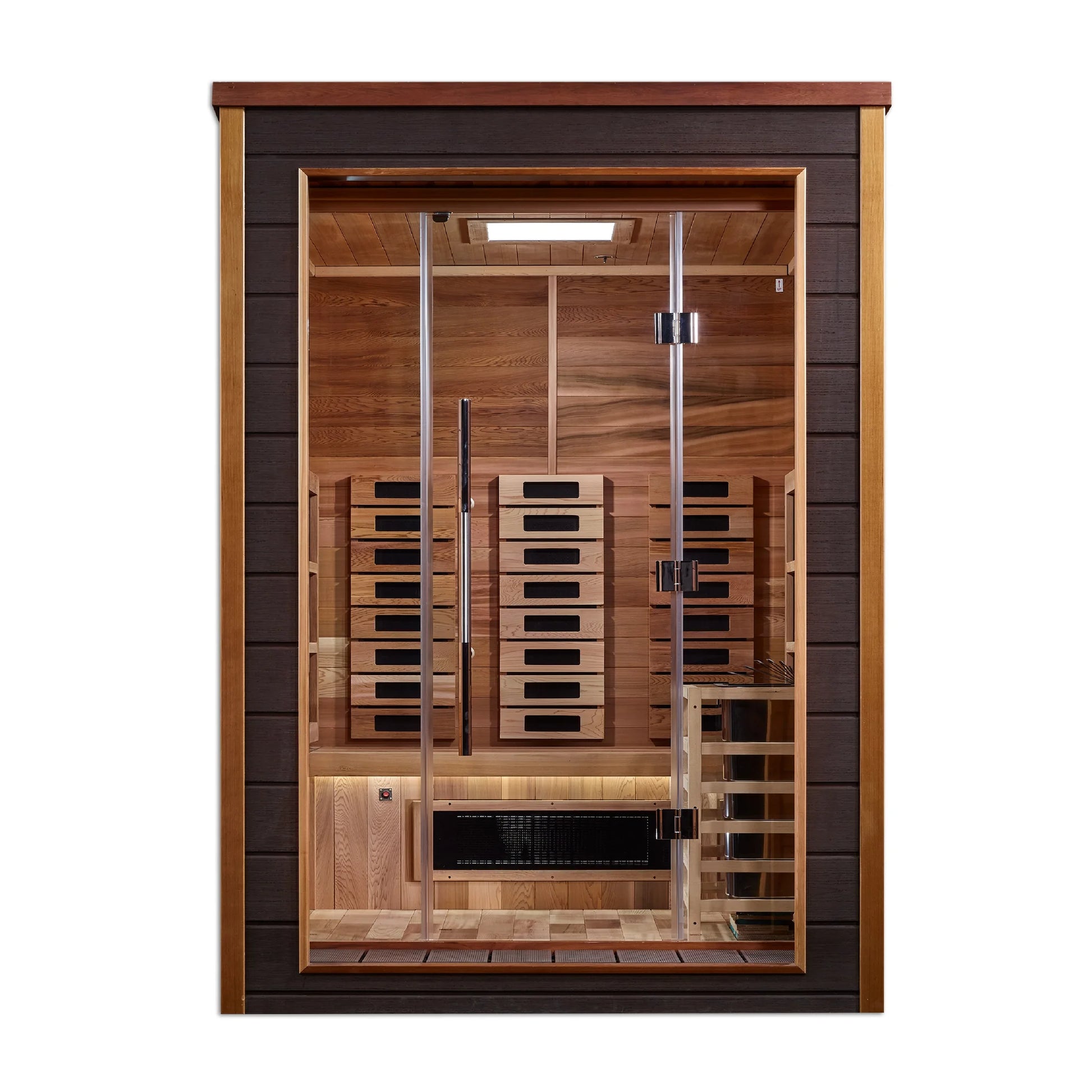 Front view of the Golden Designs Nora 2-Person Hybrid Outdoor Sauna (GDI-8222-01) – full spectrum infrared sauna