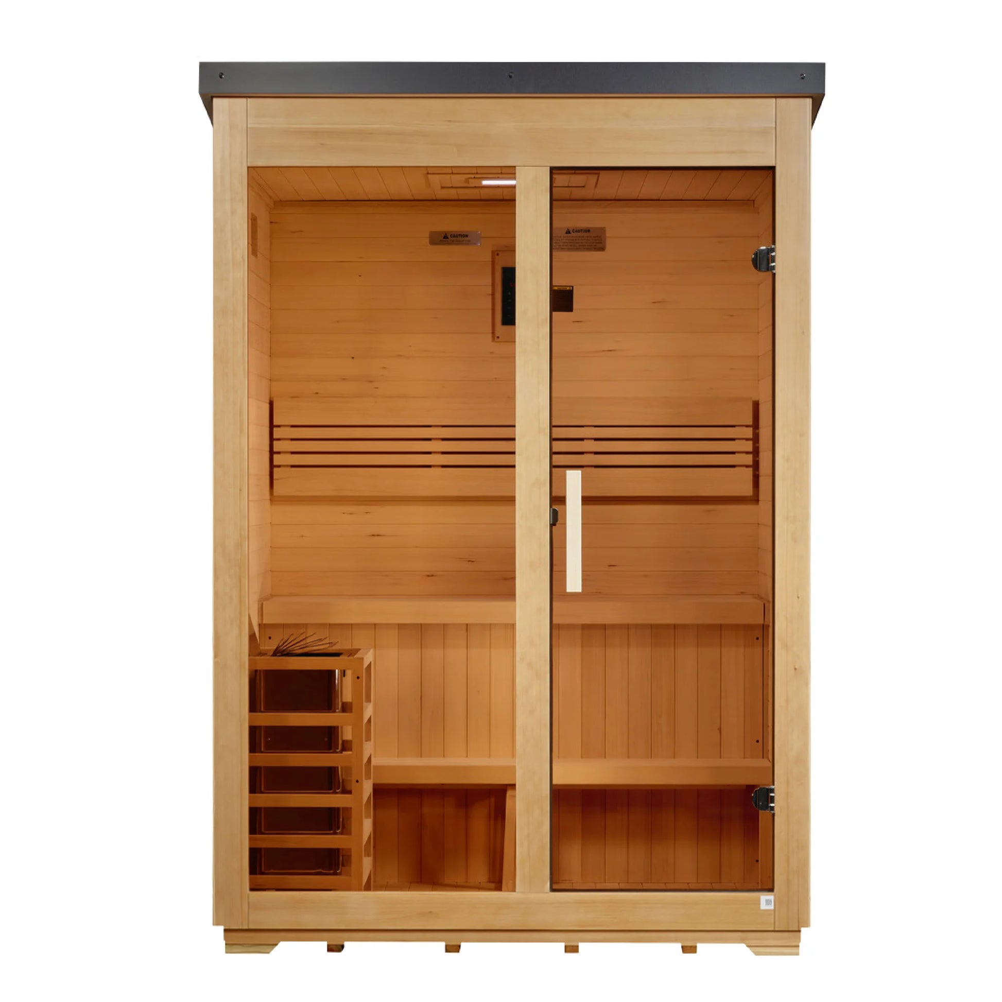 Front center view of the Golden Designs Arlberg Flat Roof 3-Person Hybrid Outdoor Sauna (GDI-8003-01) — infrared sauna
