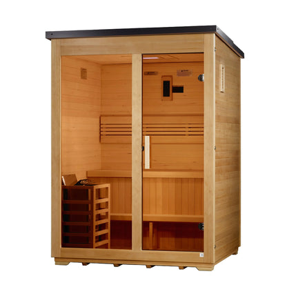 Left angle view of the Golden Designs Arlberg Flat Roof 3-Person Hybrid Outdoor Sauna (GDI-8003-01) — infrared sauna