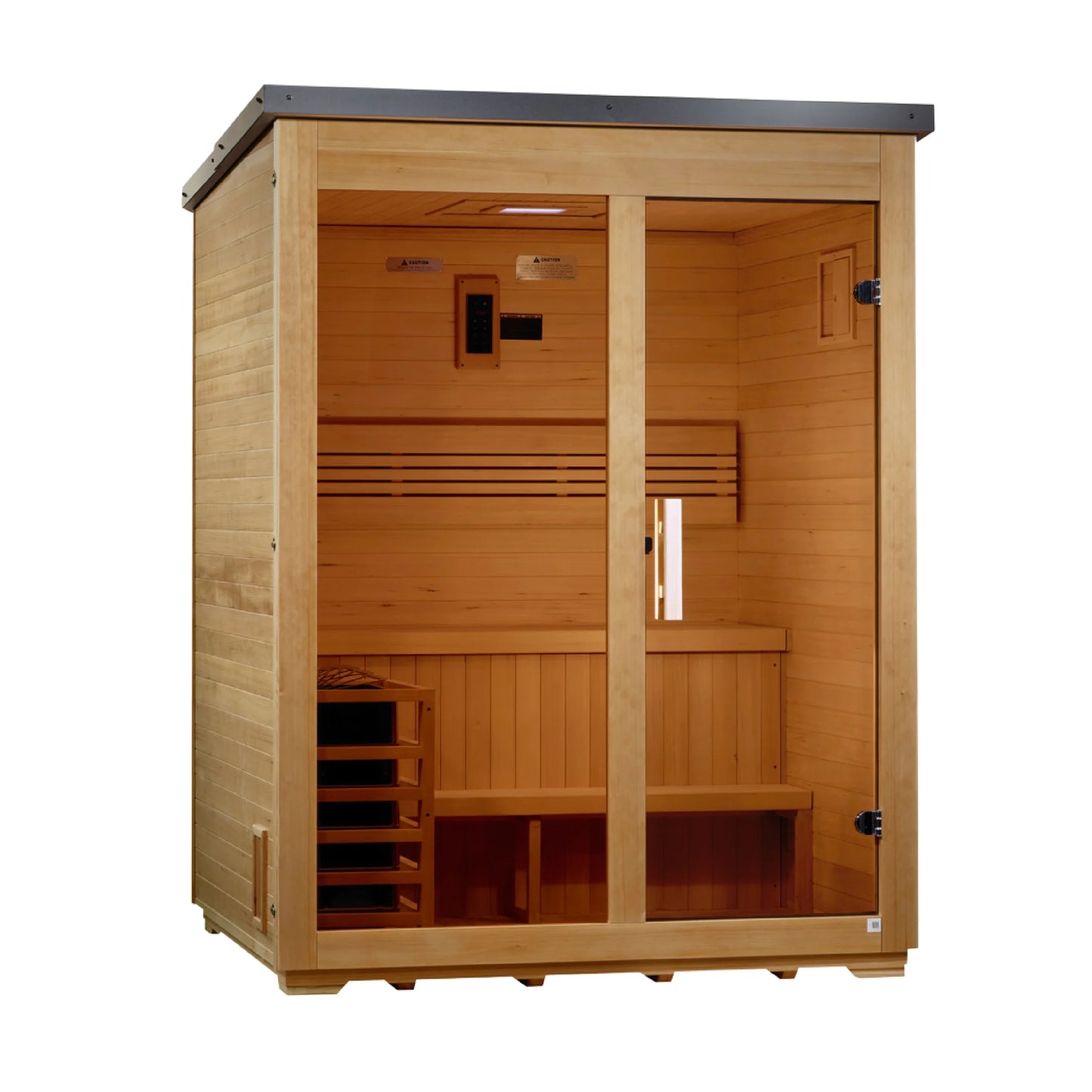 Right angle view of the Golden Designs Arlberg Flat Roof 3-Person Hybrid Outdoor Sauna (GDI-8003-01) — infrared sauna