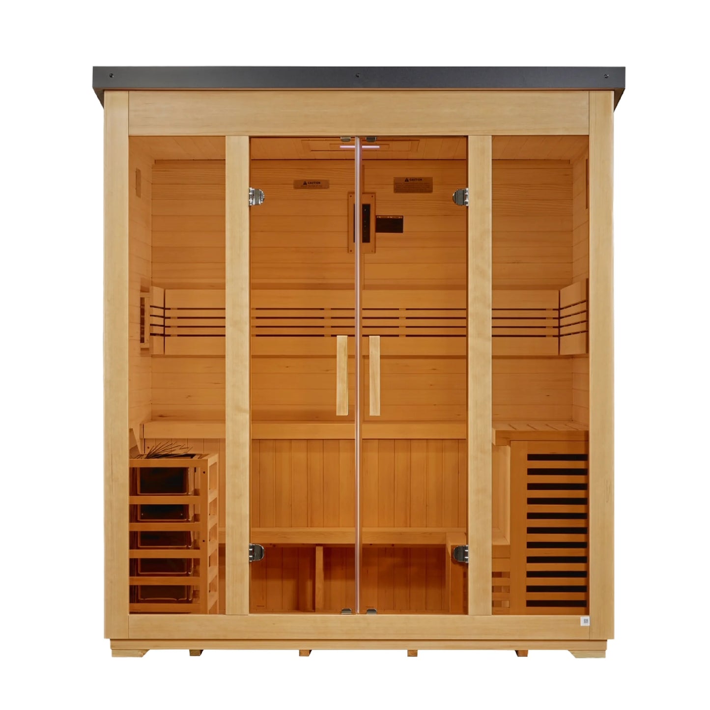 Front center view of the Golden Designs Vorarlberg Flat Roof 5-Person Hybrid Outdoor Sauna (GDI-8005-01) — infrared sauna