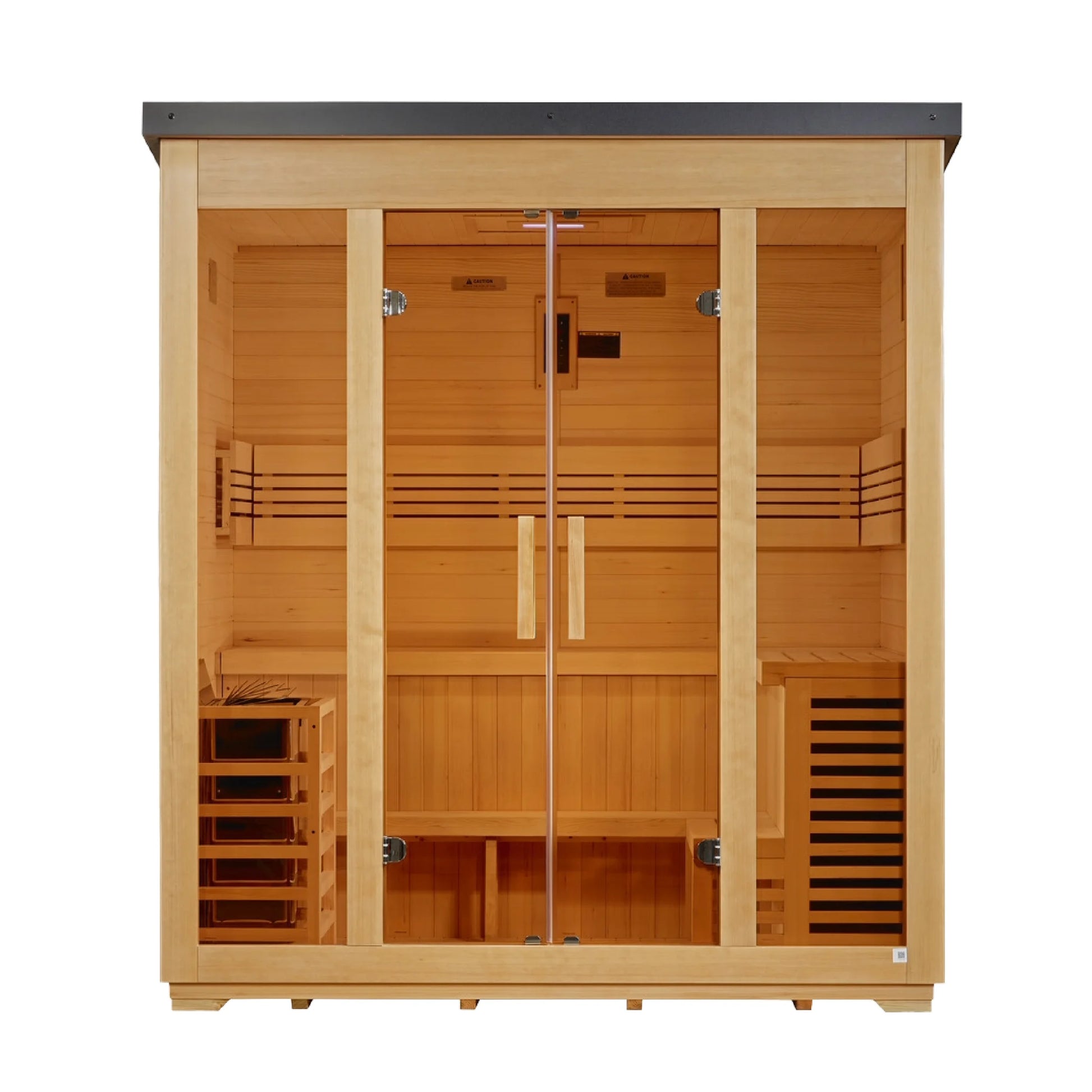 Front center view of the Golden Designs Vorarlberg Flat Roof 5-Person Hybrid Outdoor Sauna (GDI-8005-01) — infrared sauna