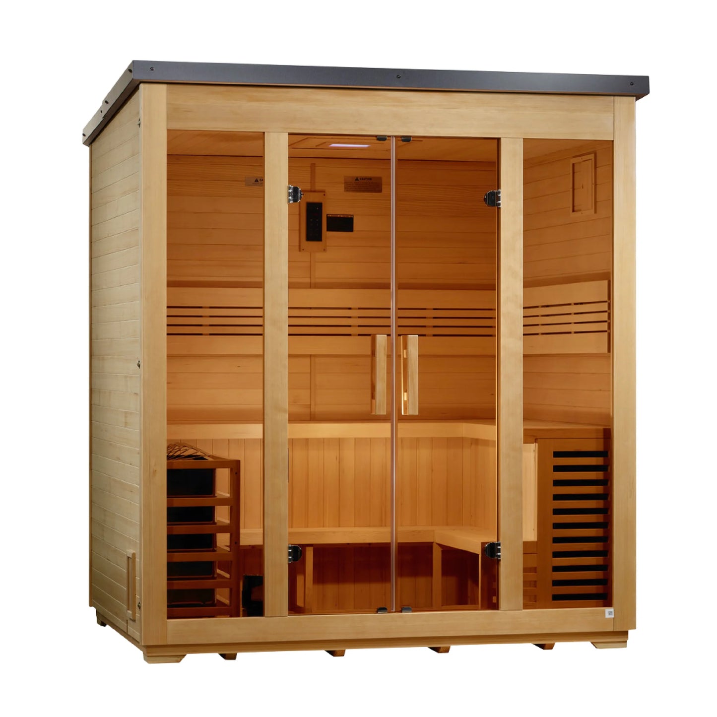 Left angle view of the Golden Designs Vorarlberg Flat Roof 5-Person Hybrid Outdoor Sauna (GDI-8005-01) — infrared sauna