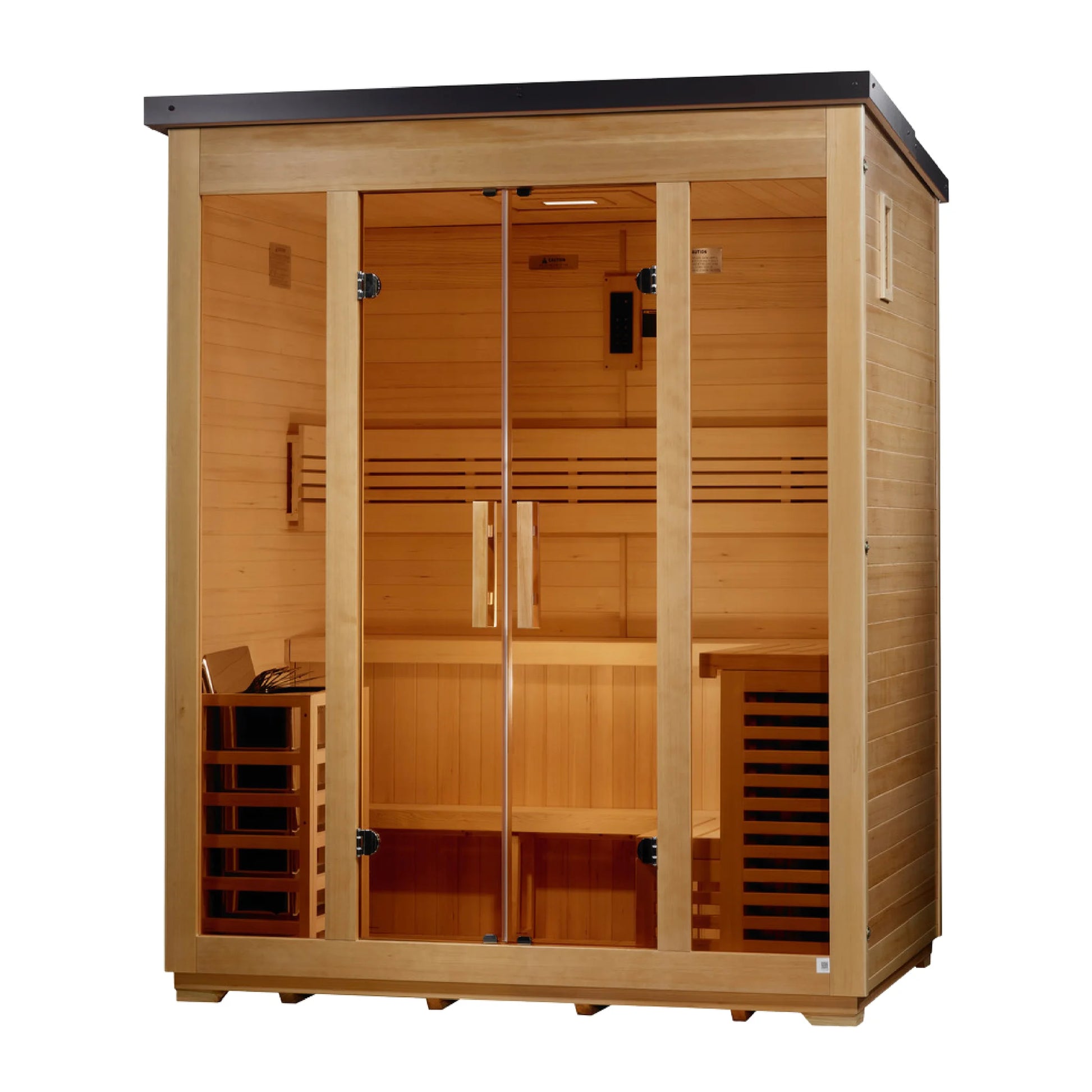 Right angle view of the Golden Designs Vorarlberg Flat Roof 5-Person Hybrid Outdoor Sauna (GDI-8005-01) — infrared sauna